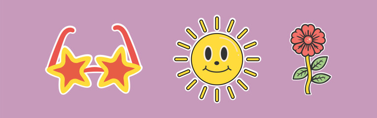Retro Star Glasses, Smiley Sun, and Flower Stickers for Fun Designs

