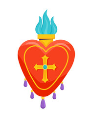 Mexican heart concept. Red heart with blue flame and cross. Religion and faith, belief. Spiritual holiday and vacation. Social media sticker. Flat vector illustration isolated on white background