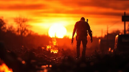 Fototapeta premium Silhouette of a lone figure walking against a vibrant sunset.
