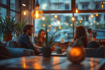 Soft focus photo of a team having a casual discussion in a cozy office lounge