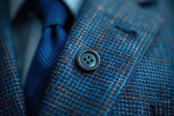 Close-up of a stylish suit with a blue checked pattern and a button detail.