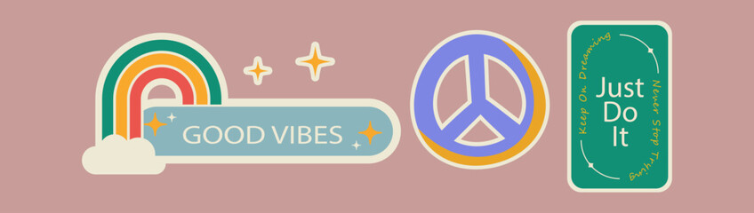 Retro Good Vibes Stickers with Smile, Flower, and Rainbow Illustrations

