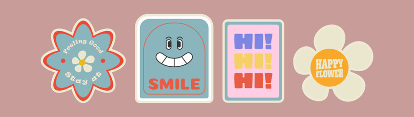 Retro Happy Stickers and Fun Phrases for Positive Vibes and Designs

