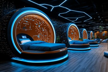 Futuristic sleep environment with floating, zero-gravity beds, providing a unique, restful experience for deep sleep in a high-tech world