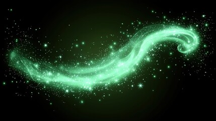 Abstract green swirl with glowing particles, digital art, magical, mystical, fantasy.