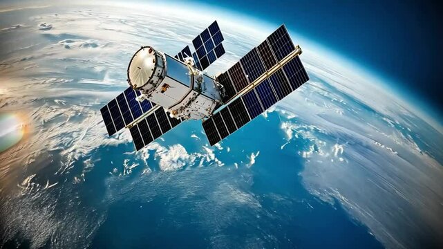 A satellite orbits Earth, equipped with solar panels, capturing data and images from space for scientific research and communication.