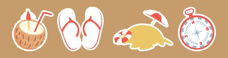 Summer Vacation Icons with Sun, Sunglasses, and Flip Flops Illustration

