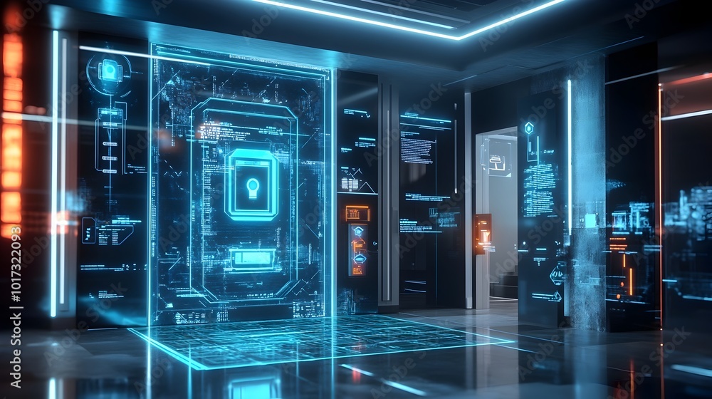 Poster futuristic smart home security system with holographic control panel digital lock and ai driven prot