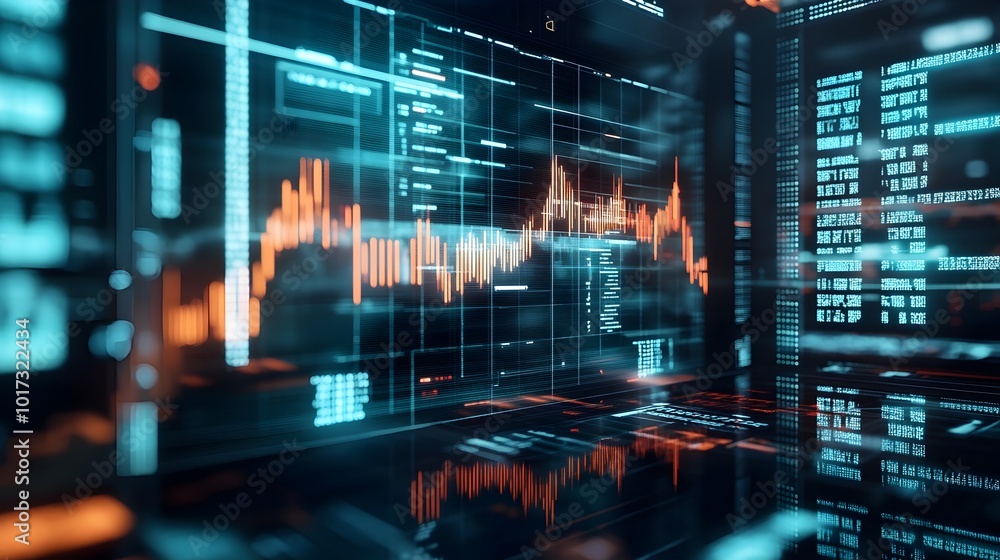 Poster futuristic augmented reality trading platform with transparent holographic screens displaying real t