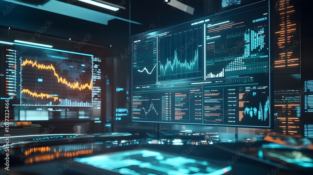 Poster augmented reality powered futuristic trading with transparent holographic screens and dynamic financ
