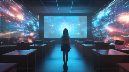 Futuristic virtual classroom setting with holographic teacher delivering engaging digital lessons and interactive learning experiences for the future of education and training