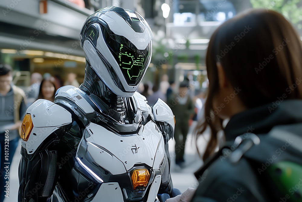 Poster Futuristic world where AI systems detect and assist people in need, offering support and kindness in a high-tech future of altruism