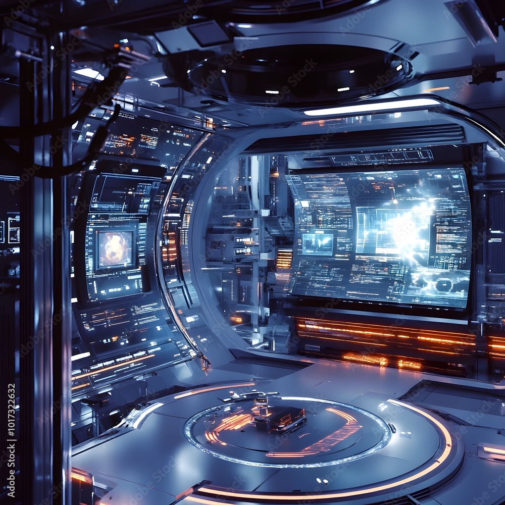 Poster detailed view of the holographic control panels and advanced digital interfaces inside a futuristic 