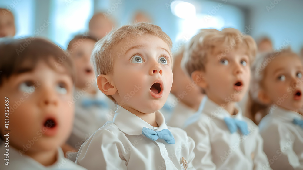Poster children in choir with surprised expressions during a performance.