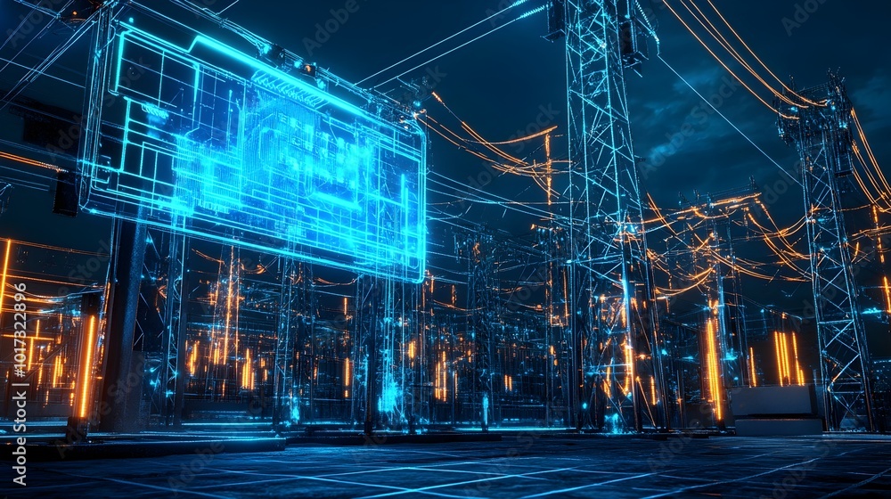 Poster cutting edge smart energy grid system with a futuristic holographic power control interface optimizi