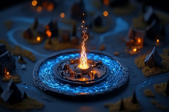 Glowing figure sharing their light with a village in darkness, symbolizing the selfless act of giving and kindness in a magical world