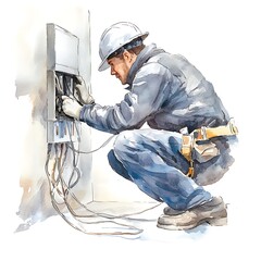 Watercolor Illustration of an Electrician Working on an Electrical Panel.