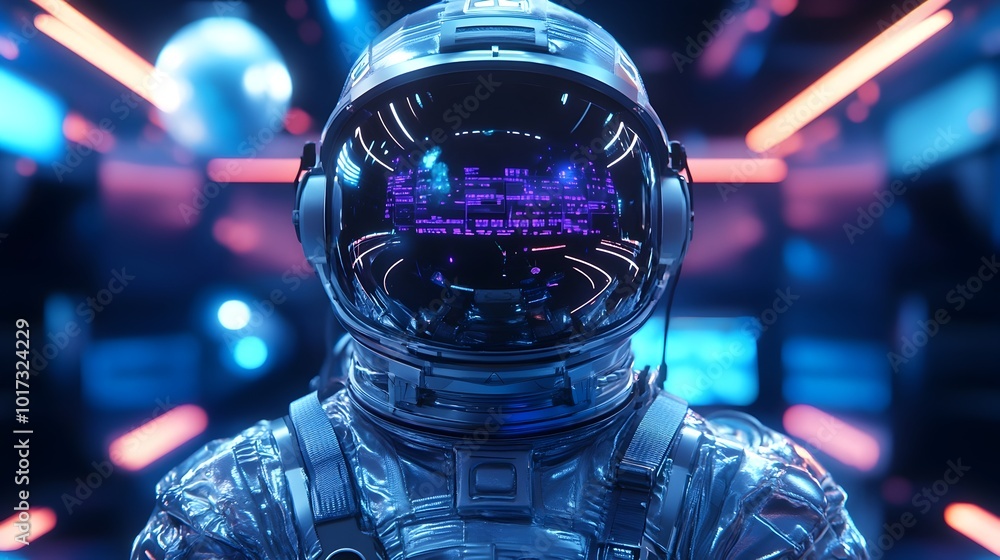 Poster futuristic astronaut suit equipped with advanced technology standing in a holographic mission contro