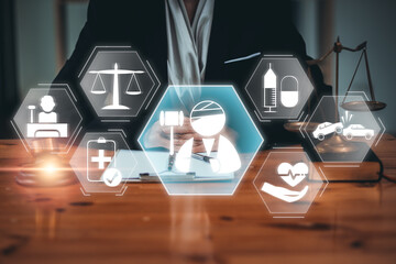 Visual representation of personal injury law with icons depicting justice, medical care, and legal...