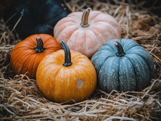 Pumpkin Varieties on Straw in Autumn Theme