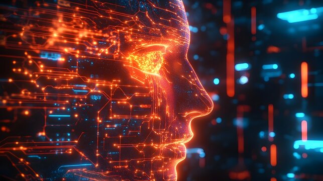 Futuristic digital brain interface with glowing neural network circuits representing the mind machine connection and advancements in intelligence and computational intelligence