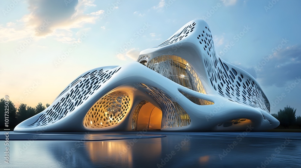 Poster futuristic and innovative 3d printed architectural design with a modern minimalist and high tech aes