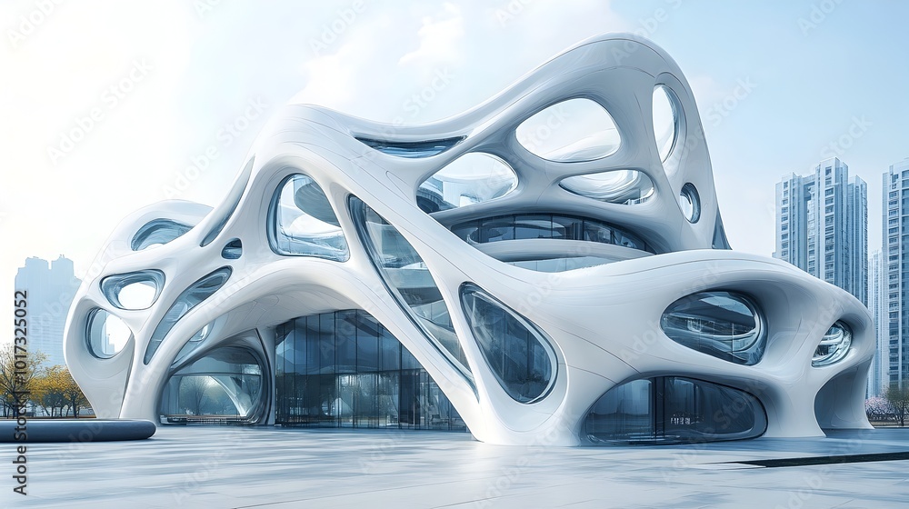 Poster futuristic 3d printed architectural design showcasing the potential of digital construction and tech