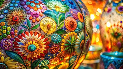 A vibrant sphere adorned with intricate mosaic floral patterns, showcasing a kaleidoscope of colors and textures, illuminated by soft, warm light.