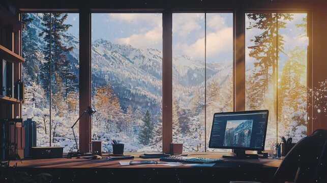 A cozy home office with a stunning mountain view.
