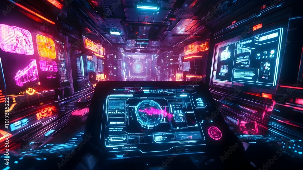 Poster futuristic holographic gaming interface with vibrant neon colors creating an immersive and interacti