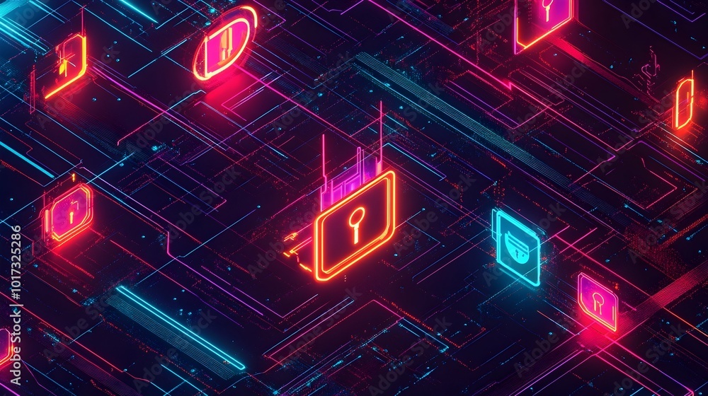 Poster futuristic cybersecurity digital locks with neon circuit patterns of a modern abstract technology co