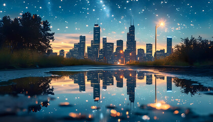 City skyline reflected in a puddle with twinkling stars