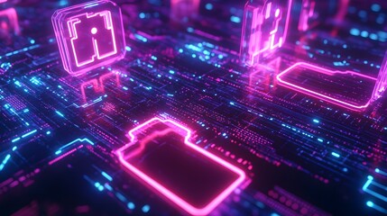 Futuristic cybersecurity and digital data protection concept with neon circuit patterns  Advanced technology encryption and digital security system for the future of information technology business