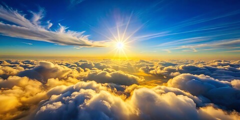 Fototapeta premium A celestial tapestry of golden light and fluffy clouds as the sun peeks through, a breathtaking sight from above