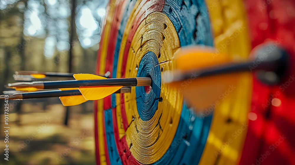 Poster close-up of a target with arrows embedded, showcasing archery skills.