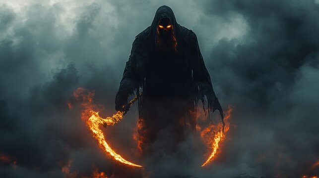 Grim reaper with scythe. Halloween theme poster.