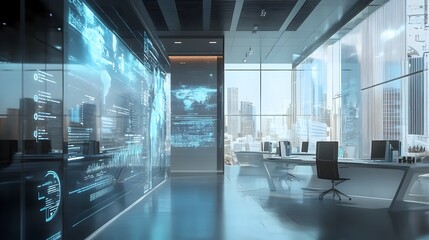 Fototapeta premium Transparent Digital Interface in Futuristic Workspace with Data Visualization and Modern Office Elements