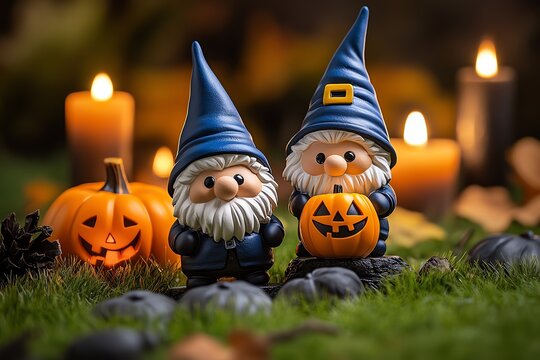 Gnomes holding a s&Atilde;&copy;ance on Halloween night, surrounded by candles and creepy shadows, representing the eerie and supernatural traditions of a gnome Halloween