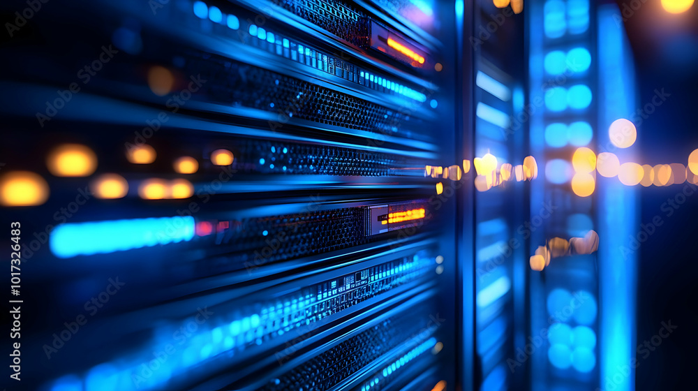 Poster close-up of illuminated server racks in a data center.