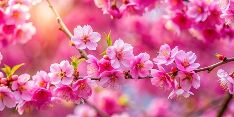 Obraz premium Delicate pink blossoms on a branch, a soft blush of springtime color against a background of gentle pink hues.