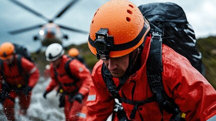 Rescue team in orange gear navigating a challenging environment during operations.