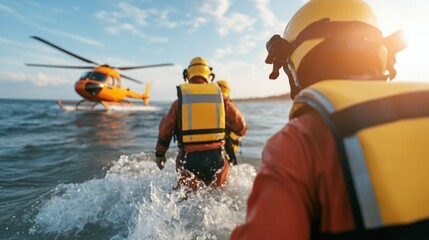 Rescue team in wetsuits approaching helicopter over water at sunset.