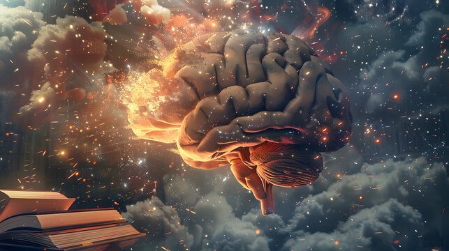 Concept art of a human brain exploding with knowledge and creativity