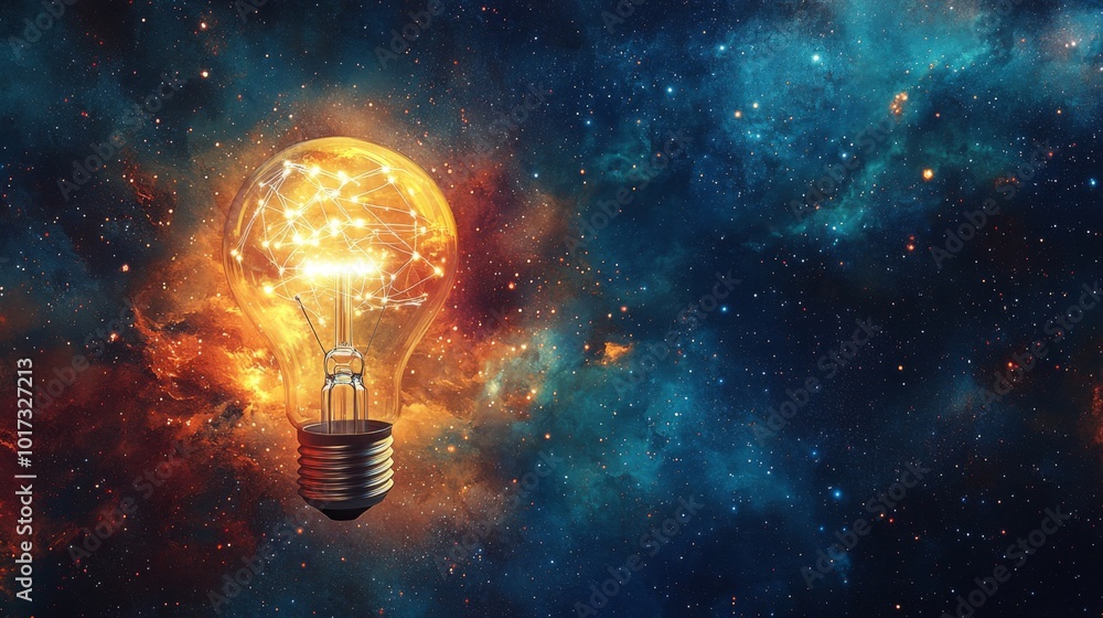 Poster a glowing light bulb with a network of lines inside, representing a brain, is set against a backdrop