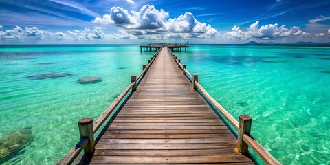 A wooden path leading out to the horizon, surrounded by crystal clear turquoise water and fluffy white clouds against a vibrant blue sky.