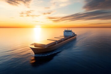 Fototapeta premium Hydroelectric Powered Cargo Ship Concept Glides Across Picturesque Coastal Harbor at Sunset
