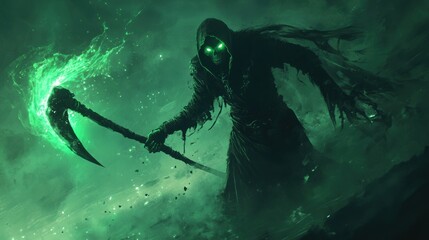 Grim reaper with scythe. Halloween theme poster.