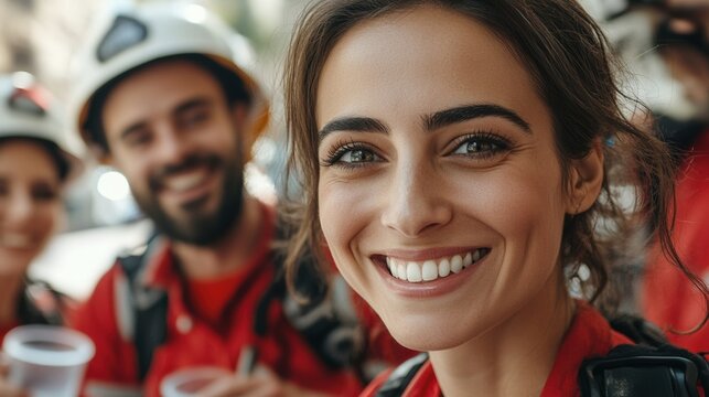 Smiling woman with friends enjoy a joyful moment outdoors, candid shot.