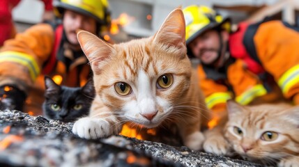 Three cats rescued by firefighters amidst a dramatic fire scene, showcasing bravery.