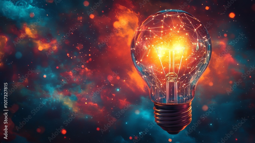 Poster a glowing lightbulb with a network of lines inside, against a dark, abstract background of swirling 